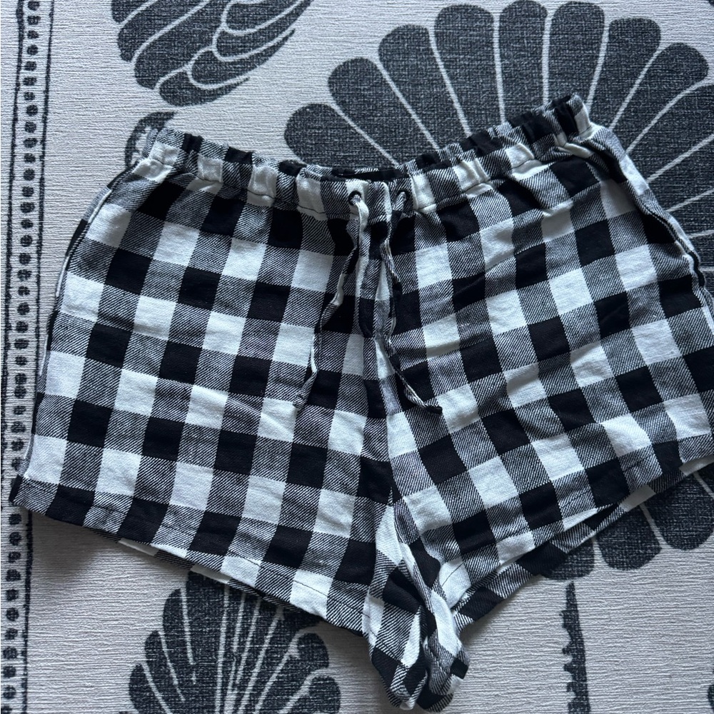 Reformation Black and White Plaid High Waist Shorts in Linen
